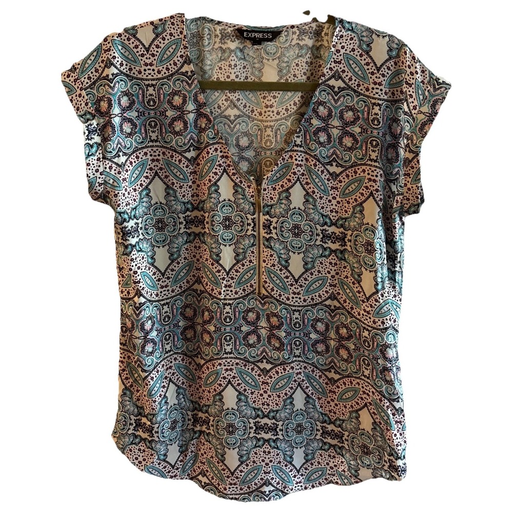 EXPRESS Y2K Paisley Print V Neck Cap Sleeve Zip Front Blouse Top Large Preowned